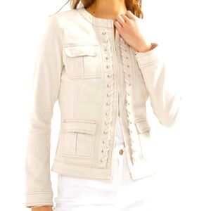 WHBM Lace-up Stretch Jean Jacket Size 4 Tan Office Business Casual Classic Chic